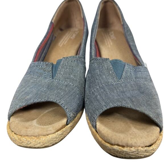 Toms Cork Espadrille Wedge Blue Denim Peep Toe Slip On Shoes Womens sz 7.5 - Picture 7 of 16